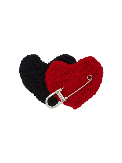 Shop Prada Brooch Knitten Heart In Nero+rosso