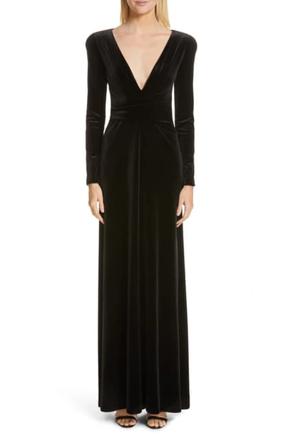 Shop Emporio Armani Plunge Neck Long Sleeve Velvet Gown In Black