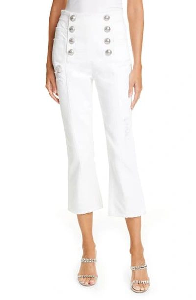 Shop Balmain Button Front Crop Flare Jeans In Blanc Optique