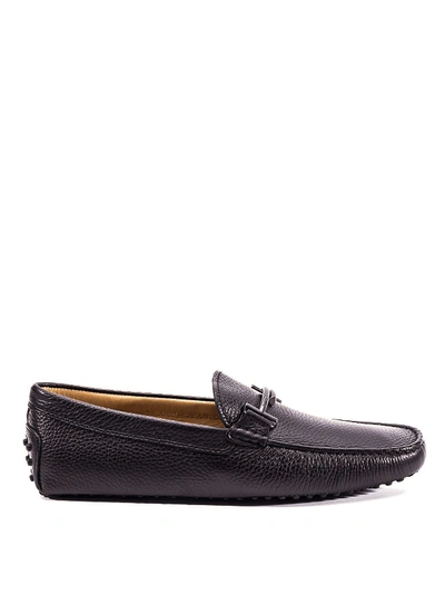 Shop Tod's Double T Pebbled Leather Loafers In Black