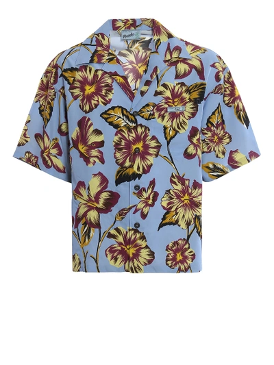 Shop Prada Hibiscus Print Ponge Over Shirt In Light Blue