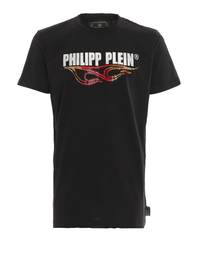 Shop Philipp Plein Flame Crystal Logo Black T-shirt