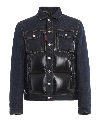 Shop Dsquared2 Denim And Nylon Puffer Jacket In Black