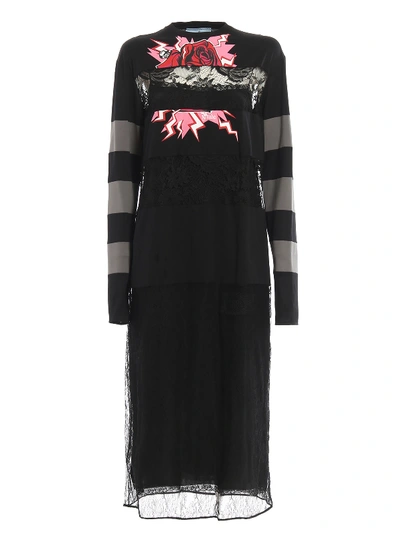 Shop Prada Rose Print Lace And Cotton Dress In Black