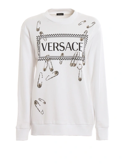 Shop Versace Safety Pin And 90s Logo Print Sweatshirt In White