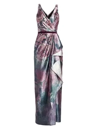 Shop Marchesa Notte Draped Metallic Floral Gown In Amethyst
