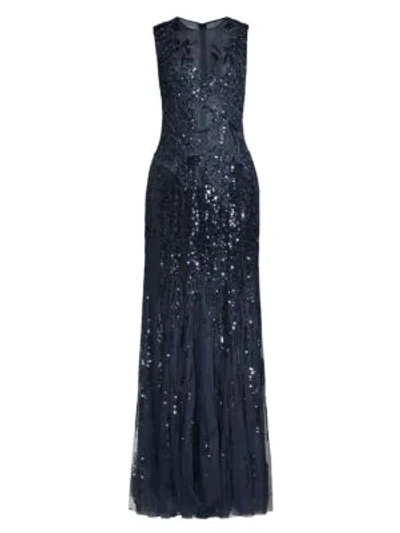 Shop Basix Black Label Sleeveless Sheer Sequin Gown In Navy