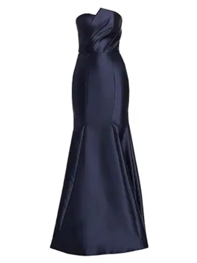 Shop ml Monique Lhuillier Strapless Draped-bodice Gown In Navy