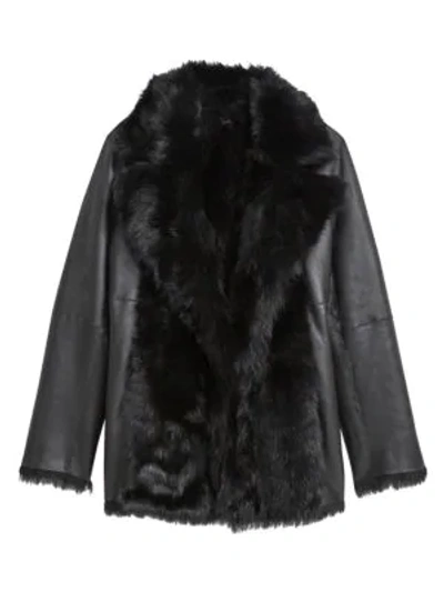 Shop Theory Toscana Shearling-trim Leather Coat In Black