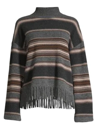 Shop Weekend Max Mara Striped Virgin Wool Fringe Pullover In Dark Grey
