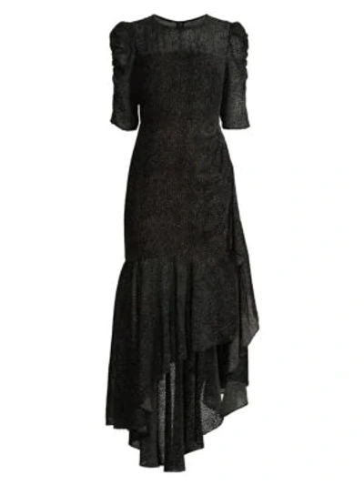 Shop Shoshanna Joya Puff-sleeve Asymmetric Flounce High-low Dress In Jet Sand