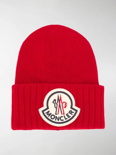 Shop Moncler Ribbed Hem Beanie In Red