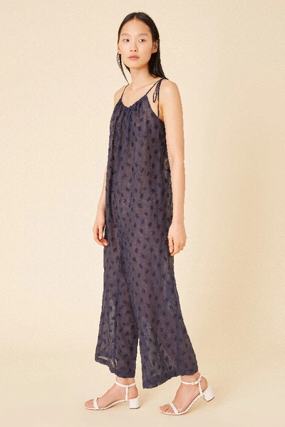 Shop Mansur Gavriel Floral Embroidered Linen Jumpsuit In Blu