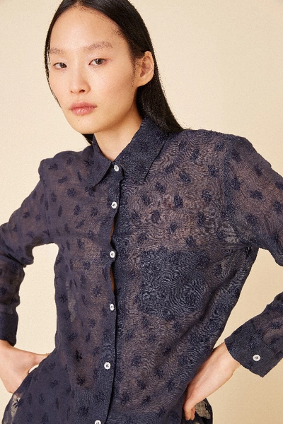 Shop Mansur Gavriel Floral Embroidered Linen Long Sleeve Button Down In Blu