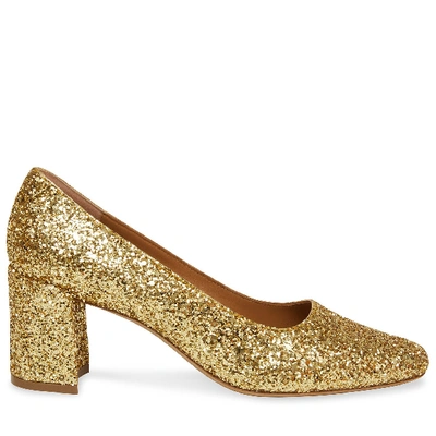 Shop Mansur Gavriel Glitter Square Toe Heel In Gold