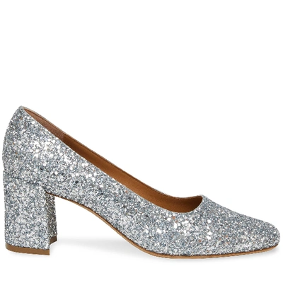 Shop Mansur Gavriel Glitter Square Toe Heel In Silver