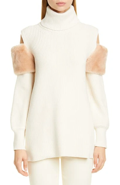 Shop Adeam Cold Shoulder Turtleneck Sweater With Faux Fur Trim In Ivory