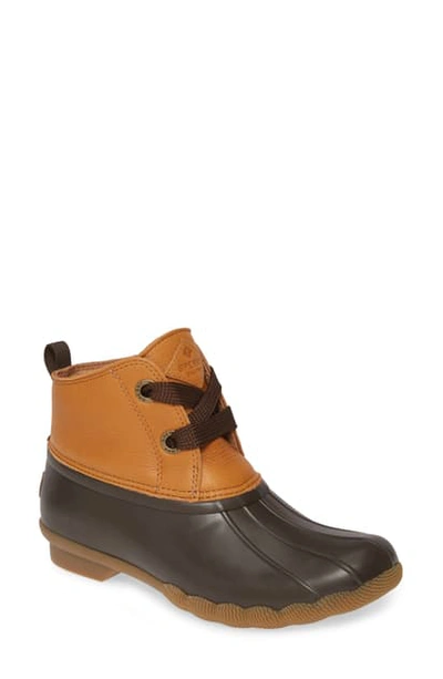 Shop Sperry Saltwater Waterproof Rain Boot In Brown/ Navy Leather