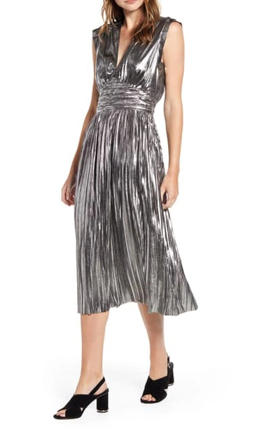 Shop Rebecca Minkoff Briella Metallic Halter Pleated Dress In Silver
