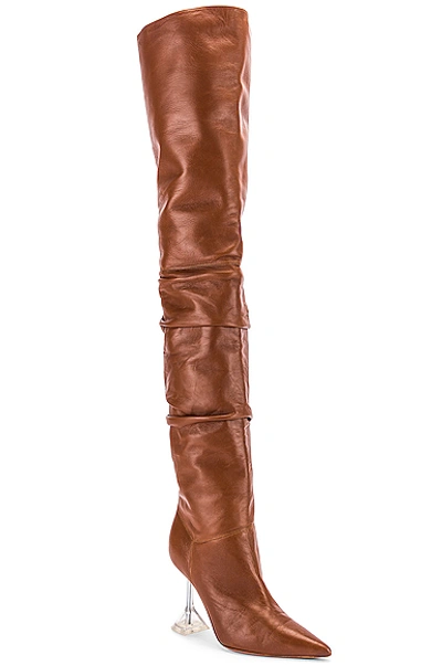 Shop Amina Muaddi Olivia Boot With Glass Heel In Brown In Camel Nappa