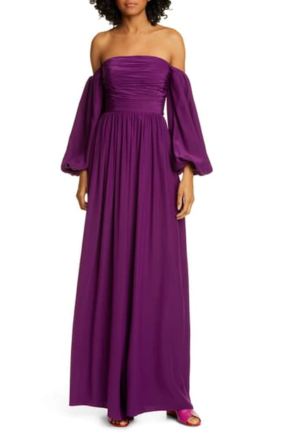 Shop Amur Ollie Off The Shoulder Silk Satin Jumpsuit In Purple