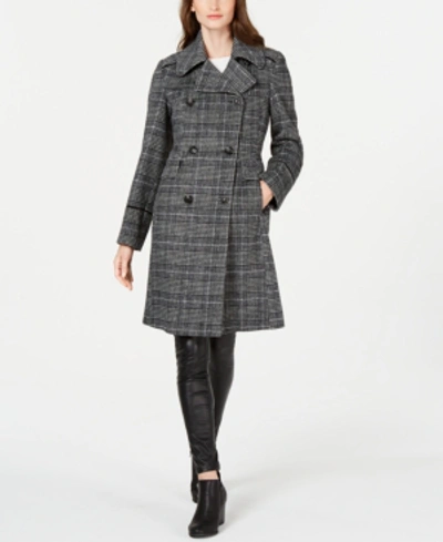 Shop Vince Camuto Double-breasted Walker Coat In Black/white Plaid