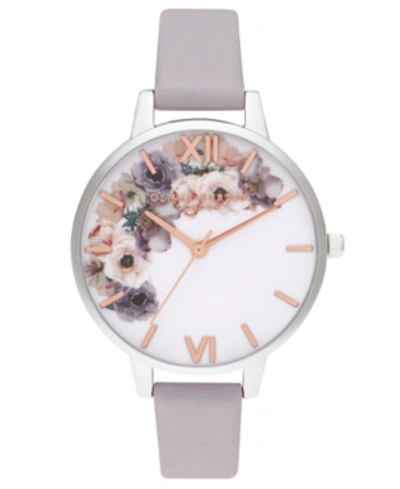 Shop Olivia Burton Women's Watercolour Floral Gray Lilac Leather Strap Watch 34mm In Grey Lilac