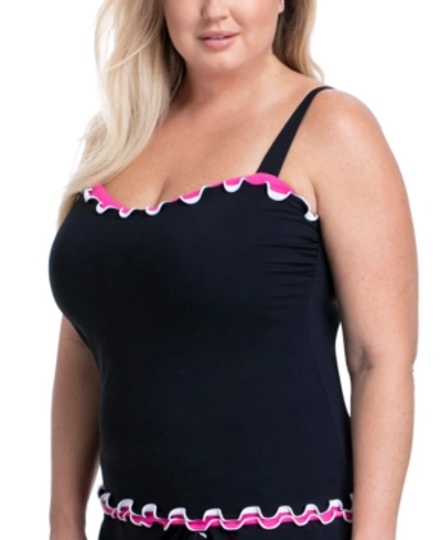 Shop Profile By Gottex Plus Size Tutti Frutti Ruffled Underwire Tankini Top Women's Swimsuit In Black/pink