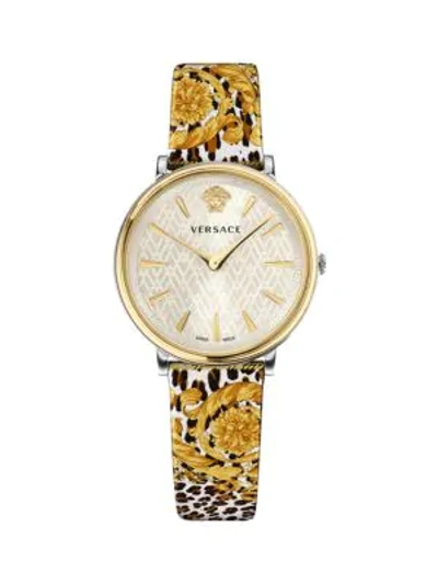 Shop Versace White Dial & Goldtone Ip Case Filigree Leather Strap Watch