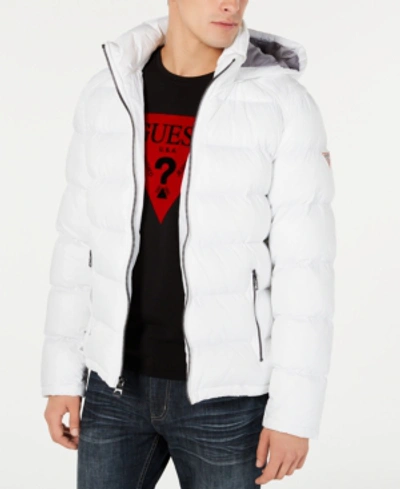 Shop Guess Men's Hooded Puffer Coat In White