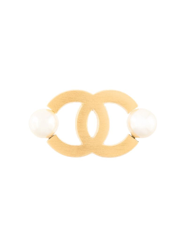Chanel 2002 Faux Pearl Cc Brooch In Gold ModeSens