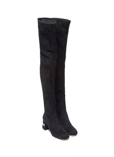 Shop Miu Miu Glass Crystal Heel Suede Thigh High Boots