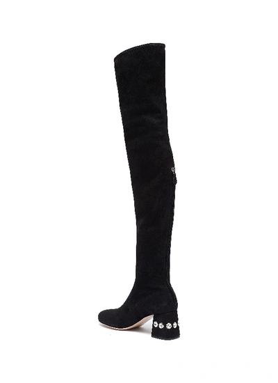 Shop Miu Miu Glass Crystal Heel Suede Thigh High Boots