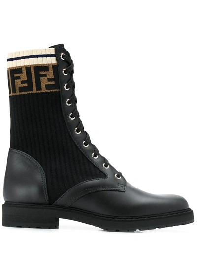 Shop Fendi Ribbed Logo Panel Boots In Black
