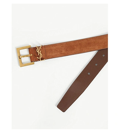 Shop Saint Laurent Logo Suede Belt In Brick Gold