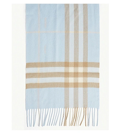 Shop Burberry Giant Check Cashmere Scarf In Pale Blue /arc Beige