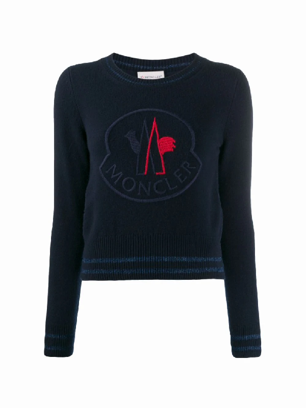 Moncler Logo Embroidered Wool Blend Sweater In Blue | ModeSens