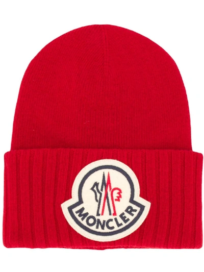 Shop Moncler Ribbed Hem Beanie In Red