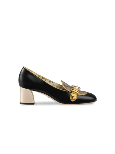 Shop Gucci Leather And Gg Supreme Mid-heel Pumps In Black