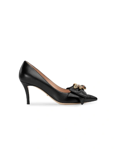 Shop Gucci Leather Mid-heel Pump With Bow In Black