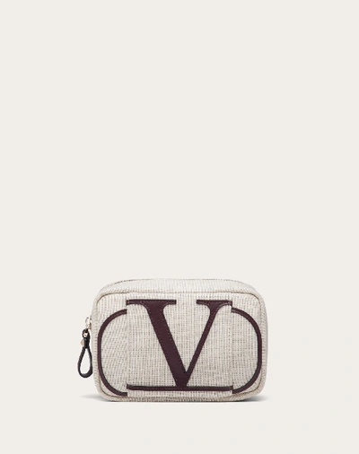 Shop Valentino Garavani Vlogo Canvas Cosmetic Case With Calfskin Logo In Beige