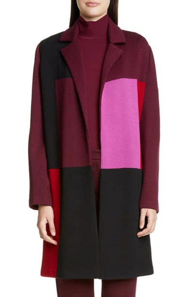 Shop St John Patchwork Colorblock Twill Knit Sweater Jacket In Caviar/ Ruby Multi
