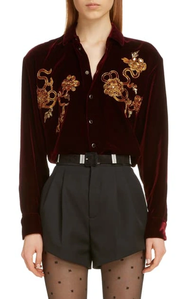 Shop Saint Laurent Saint Lauren Embroidered Chinoiserie Velvet Shirt In Bordeaux