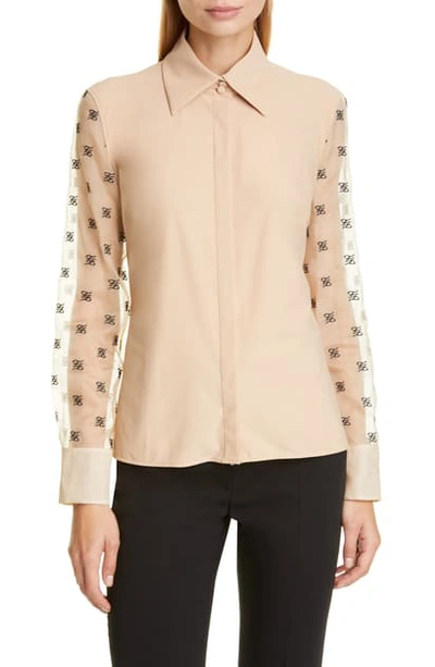 Shop Fendi Ff Karligraphy Embroidered Organza Sleeve Blouse In Beige