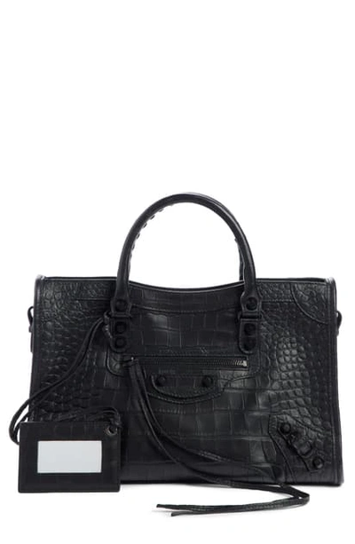 Shop Balenciaga Classic City Croc Embossed Leather Tote In Black