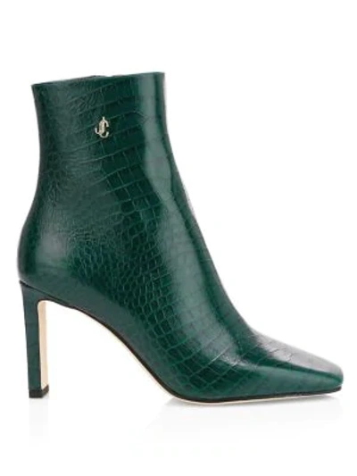 Shop Jimmy Choo Women's Minori Croc-embossed Leather Ankle Boots In Dark Green