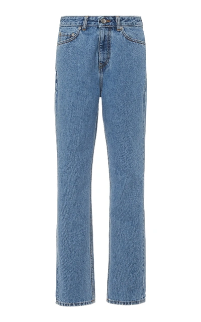 Shop Ganni Washed Denim Mid Rise Wide Leg Jean In Blue