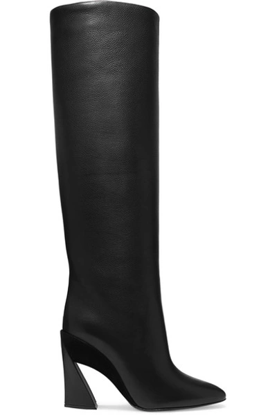 Shop Ferragamo Antea Suede-trimmed Textured-leather Knee Boots In Black
