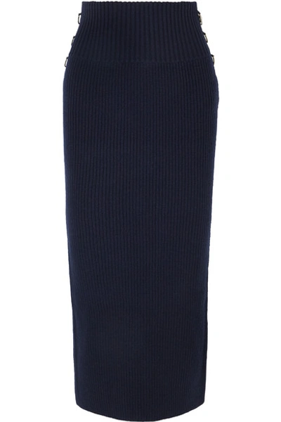 Shop Sacai Embellished Ribbed Wool Midi Skirt In Navy