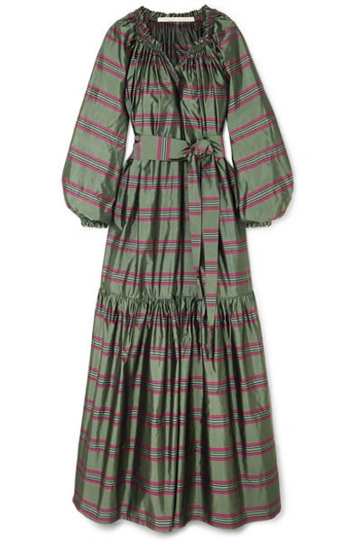 Shop Anna Mason Bardot Belted Striped Silk-taffeta Maxi Dress In Green